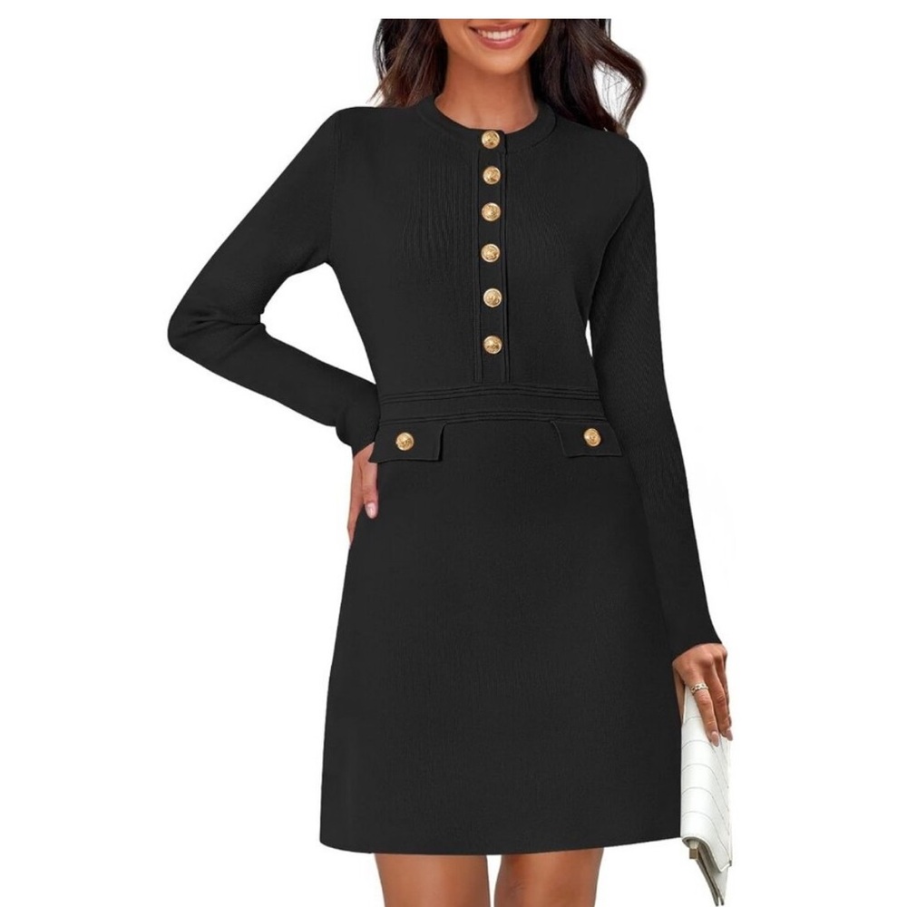 MEROKEETY NWT Elegant Black Button-Down Sweater Dress